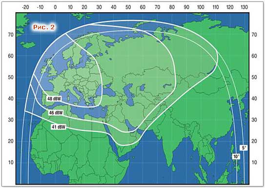 Зона покрытия спутника Express AM 22 53,0°E. Карта покрытия спутника Express AM 22 53,0°E