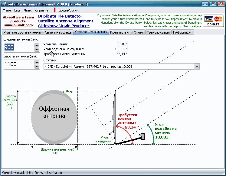 Расчет угла поворота спутниковой антенны, вкладкапрограммы Satellite Antenna Alignment - Оффсетная антенна.